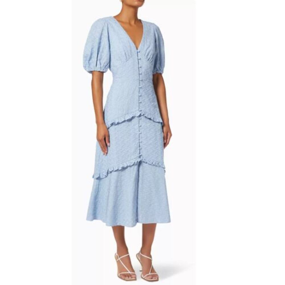 Mink Pink Women's Blue Cotton V-Neck Midi Fit & Flare Dress Size Small